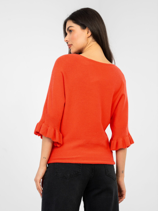 Eleganten koralni pulover s 3/4 rokavi in volanom