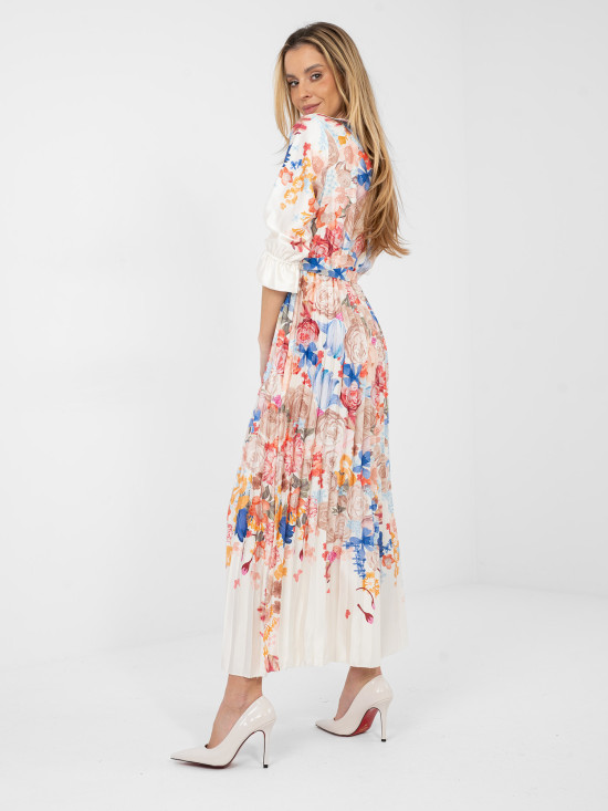 Ecru maksi obleka s cvetličnim vzorcem in pasom