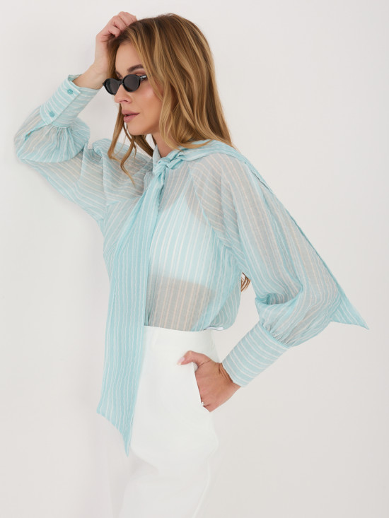 Mint zelena črtasta ženska srajca z vezanjem in napihnjenimi rokavi