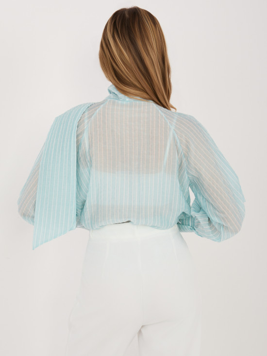 Mint zelena črtasta ženska srajca z vezanjem in napihnjenimi rokavi