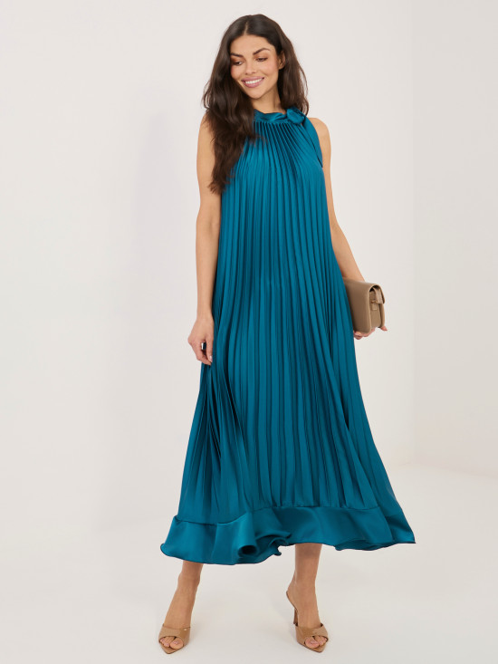 Modra koktajl midi obleka z zavezovanjem in volanom