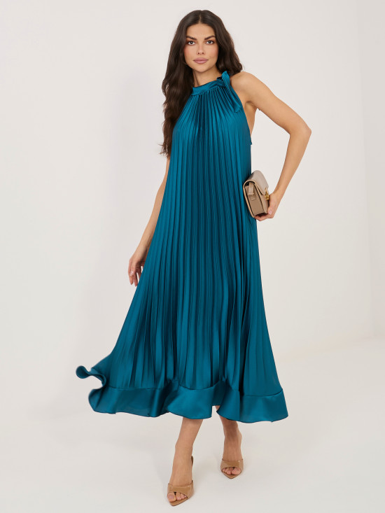 Modra koktajl midi obleka z zavezovanjem in volanom