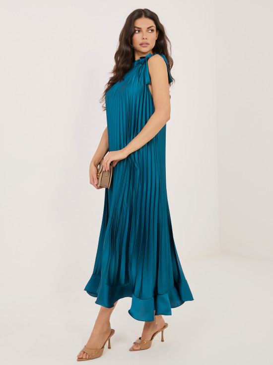 Modra koktajl midi obleka z zavezovanjem in volanom