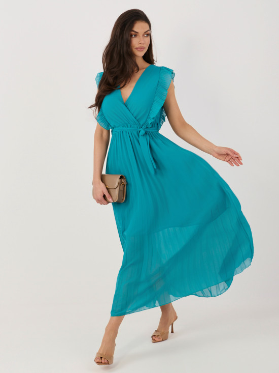 Modra razširjena midi obleka s pasom