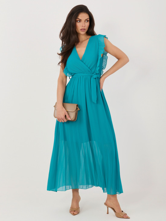 Modra razširjena midi obleka s pasom