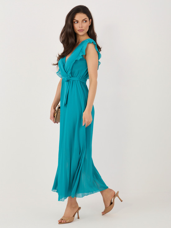 Modra razširjena midi obleka s pasom