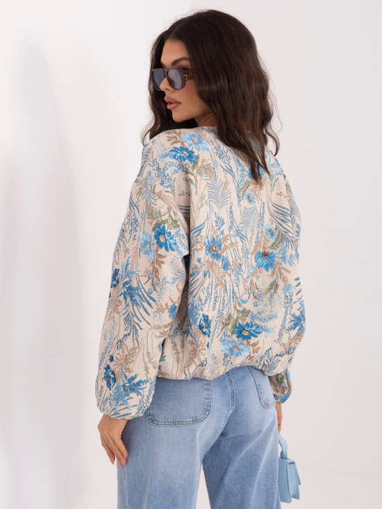 Modra bomber jakna s cvetličnim vzorcem brez kapuce