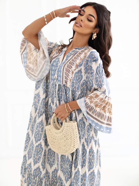 Modra maksi obleka s potiskom in 3/4 rokavi