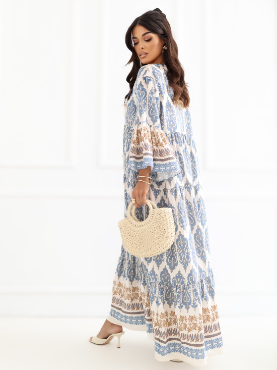 Modra maksi obleka s potiskom in 3/4 rokavi