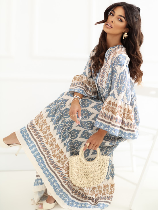 Modra maksi obleka s potiskom in 3/4 rokavi