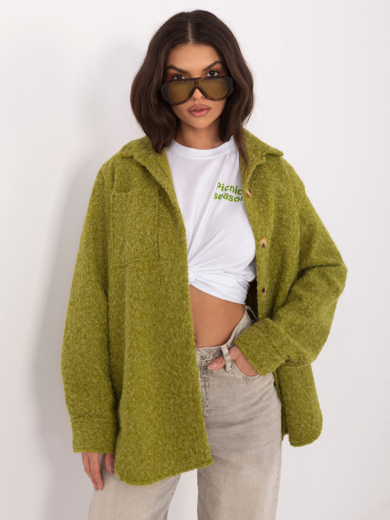 Olivno zelena prehodna jakna z ovratnikom in žepi