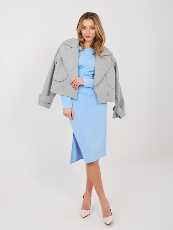 Elegantna modra midi oprijeta obleka z dolgimi rokavi