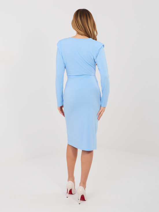 Elegantna modra midi oprijeta obleka z dolgimi rokavi