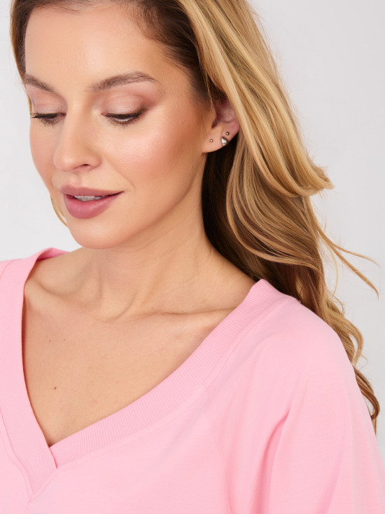 Rožnata bombažna obleka s 3/4 rokavi in V-izrezom