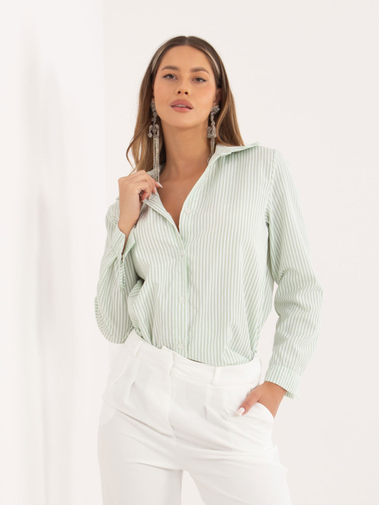 Pistacijeva črtasta srajca z dolgimi rokavi
