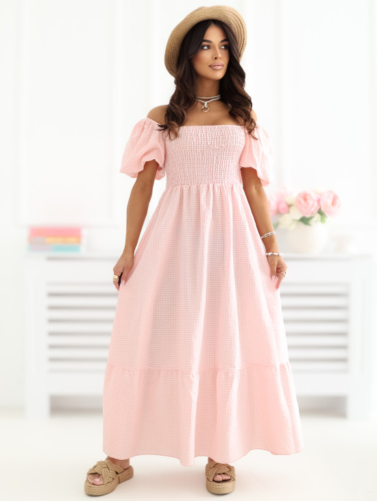 Oranžna midi obleka s karo vzorcem in volanom