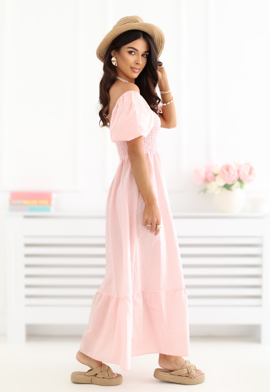 Oranžna midi obleka s karo vzorcem in volanom