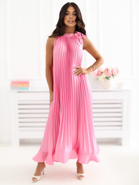 Rožnata midi koktajlna obleka brez rokavov