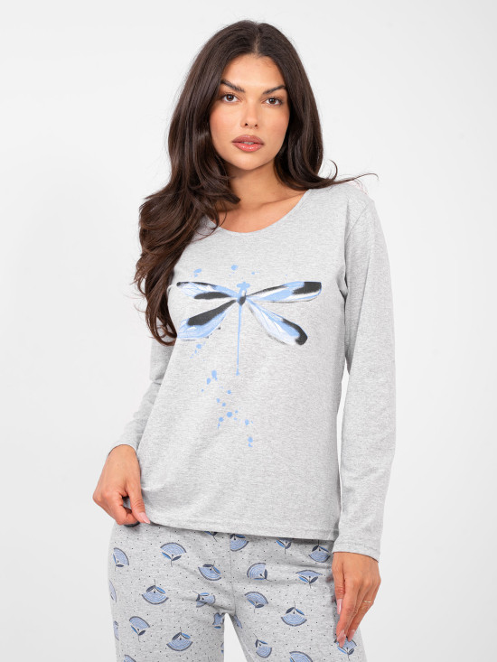 Ženska siva bombažna pižama s potiskom in gumbi