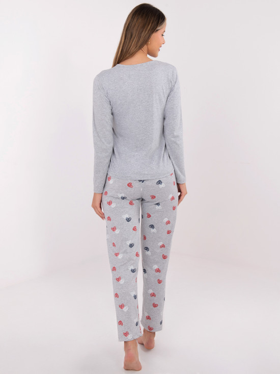 Ženska siva pižama s potiskom, dolg rokav