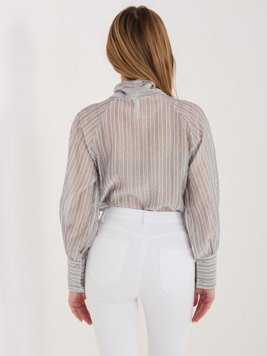 Siva črtasta klasična srajca z vezalko in napihnjenimi rokavi