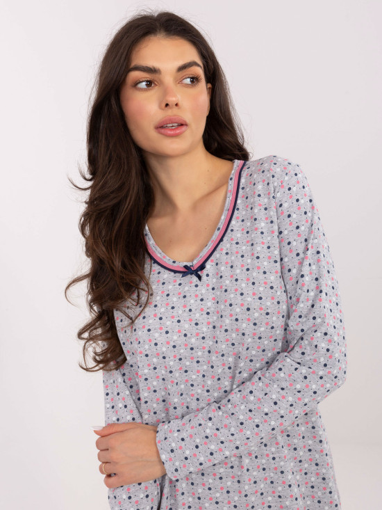 Ženska siva spalna srajca z dolgimi rokavi in pentljo