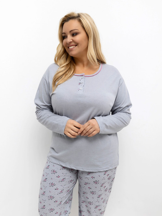 Ženska siva pižama s cvetličnim in pikčastim vzorcem