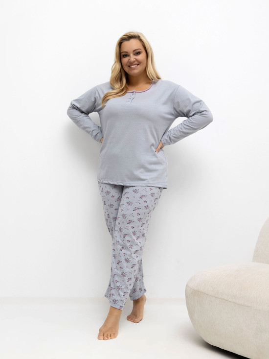 Ženska siva pižama s cvetličnim in pikčastim vzorcem