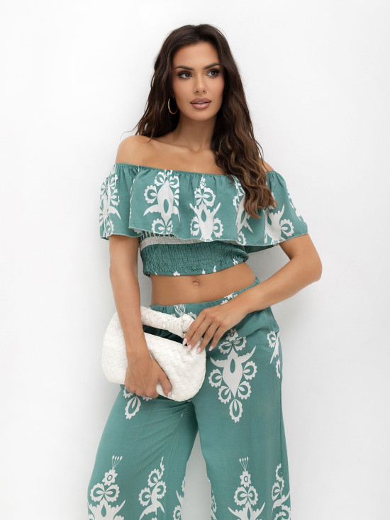 Boho komplet z bluzo in hlačami v turkizni barvi