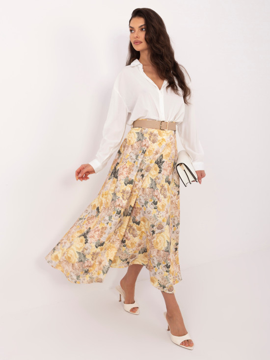 Rumeno midi krilo s cvetličnim vzorcem in pasom