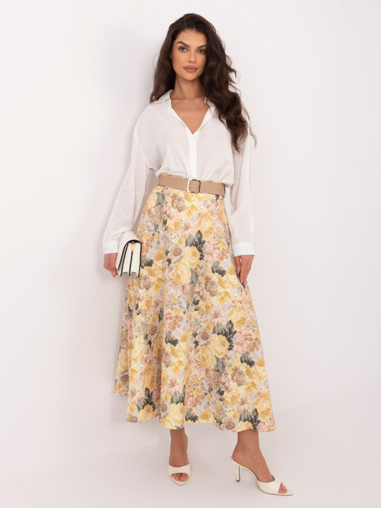 Rumeno midi krilo s cvetličnim vzorcem in pasom