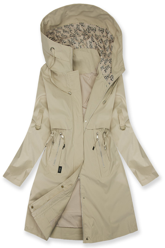 Podaljšana parka s potiskom v kapuci svetlo bež