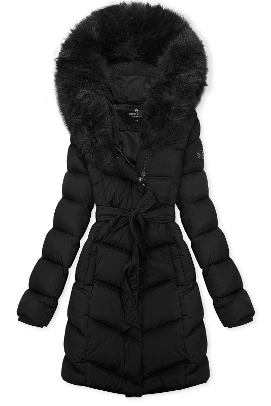 Zimska jakna s pasom in krznom črna