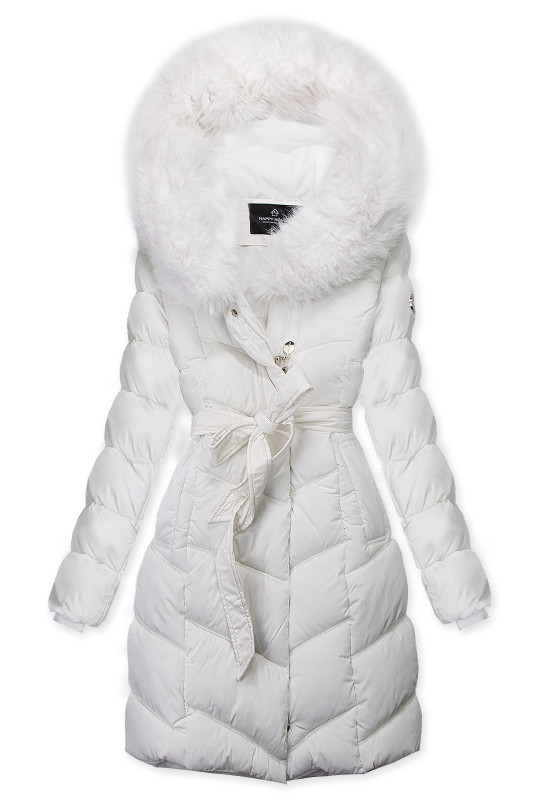 Zimska jakna s pasom in krznom bela