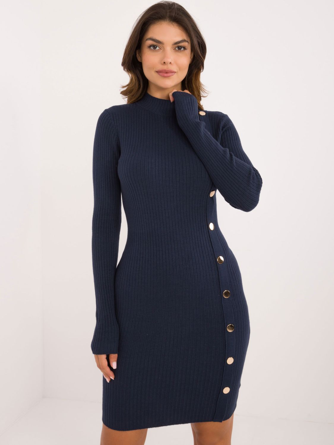 Elegantna modra obleka z dolgimi rokavi