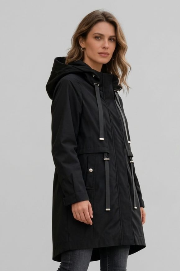 Črna spomladanska parka z veliko kapuco