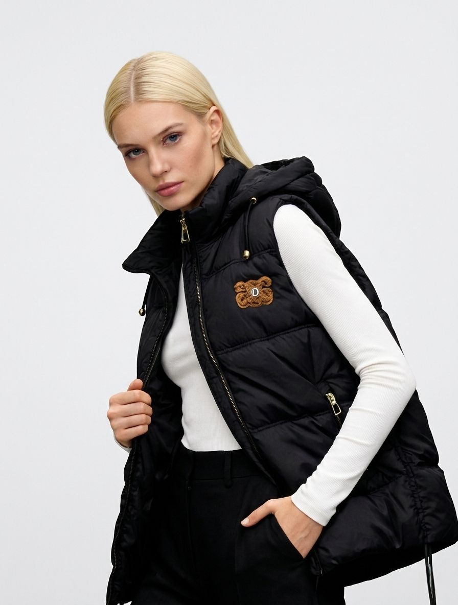 Ženski prešit brezrokavnik s snemljivo kapuco črna