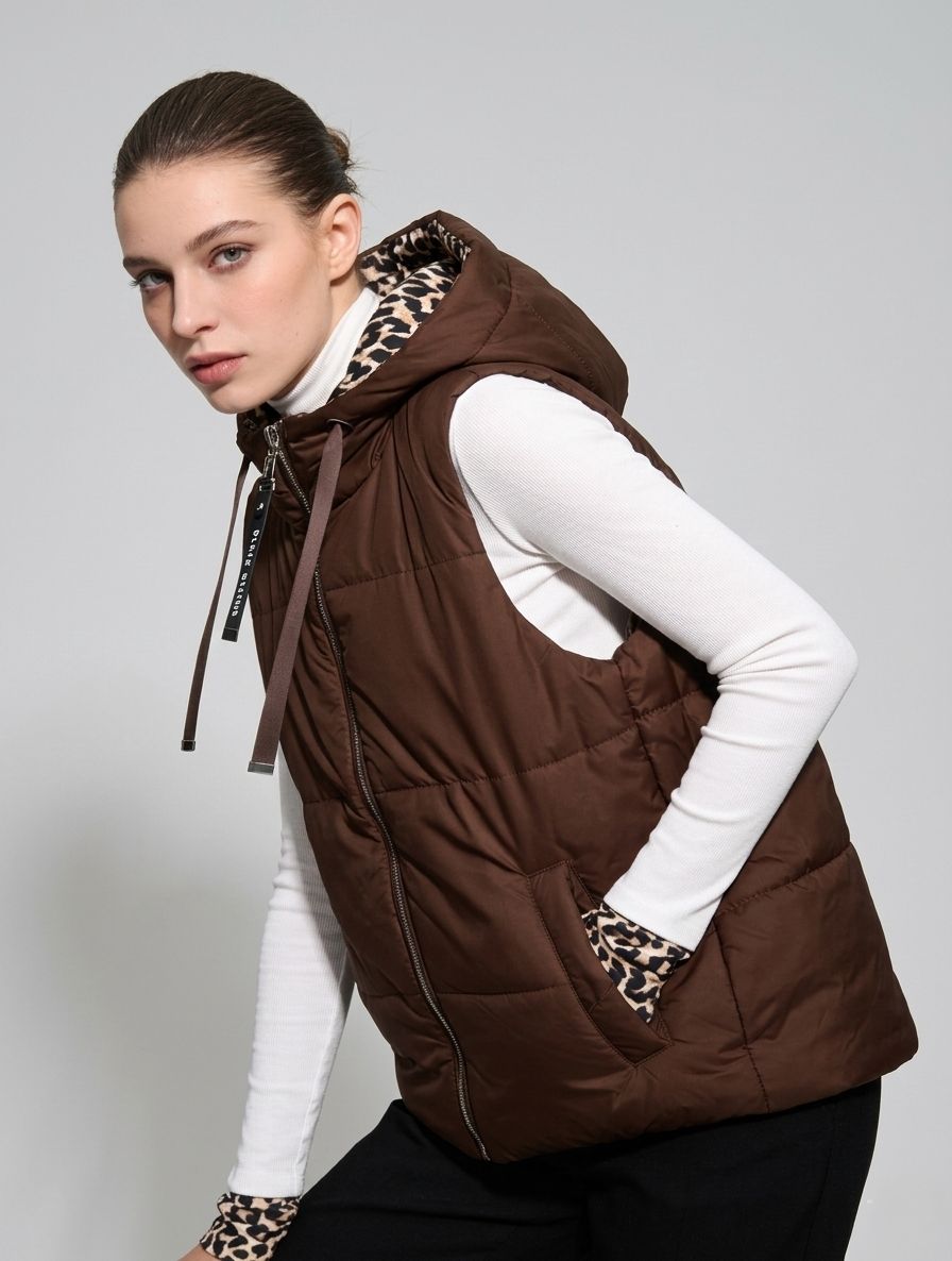 Dvostranski telovnik z leopardjim vzorcem, čokoladno rjava