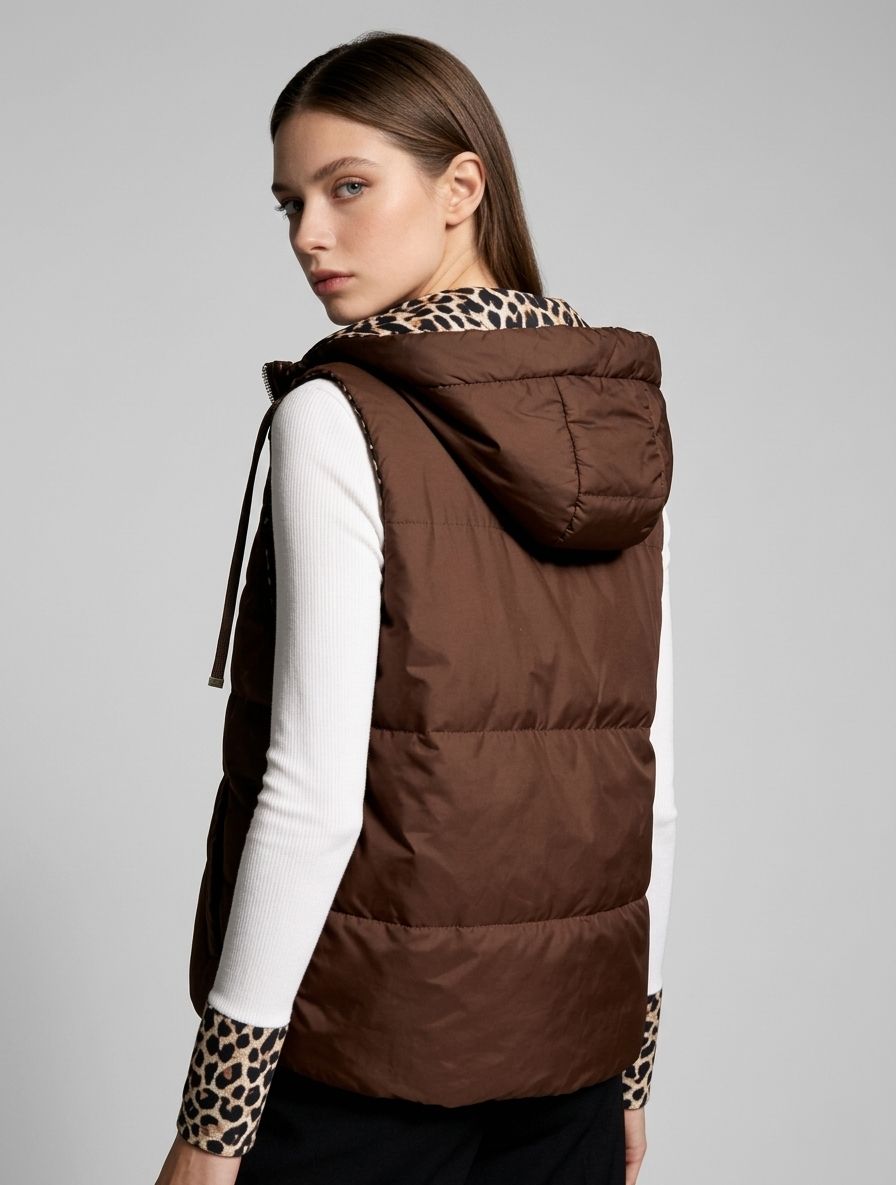 Dvostranski telovnik z leopardjim vzorcem, čokoladno rjava