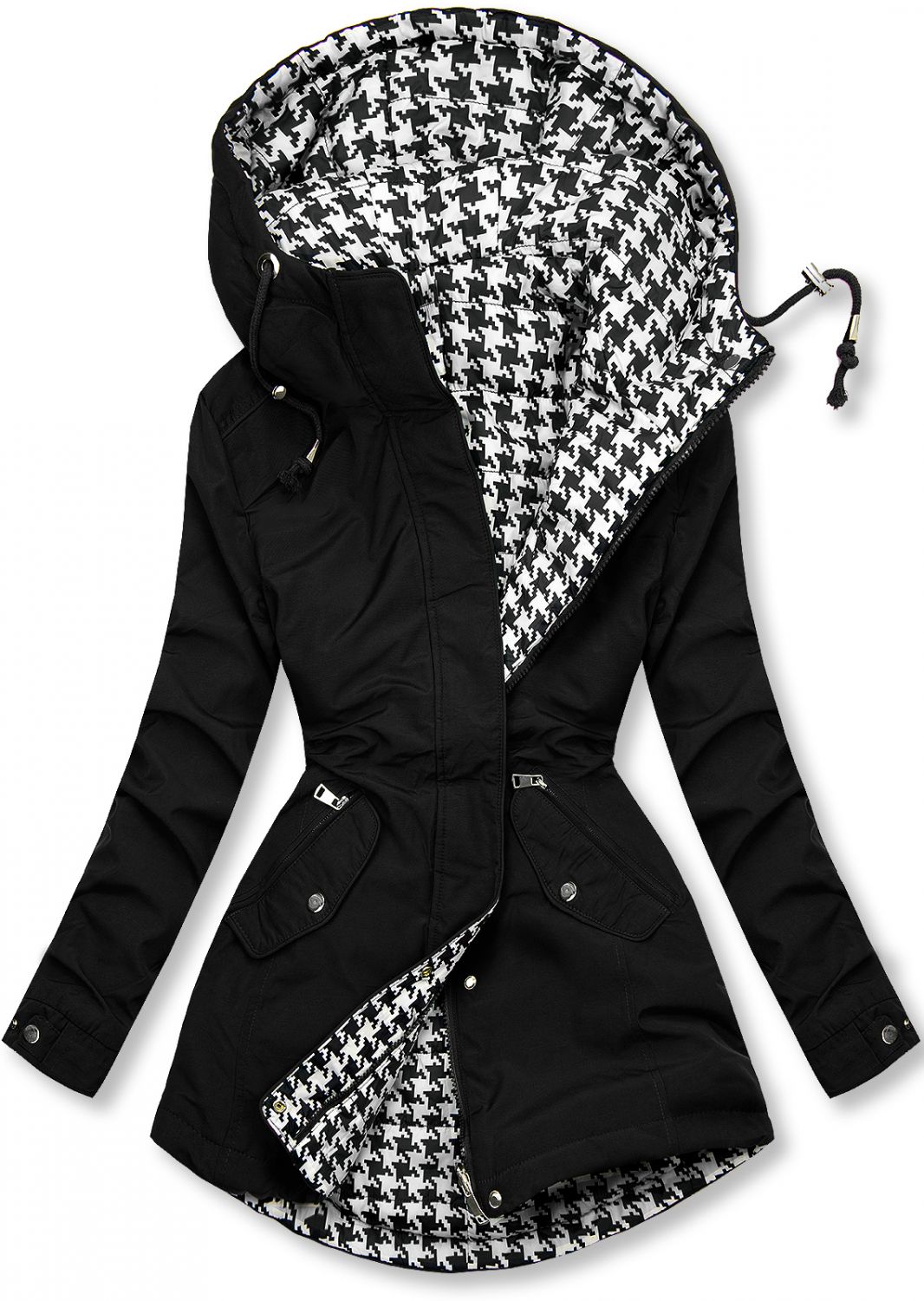 Črna obojestranska jakna s pepita vzorcem