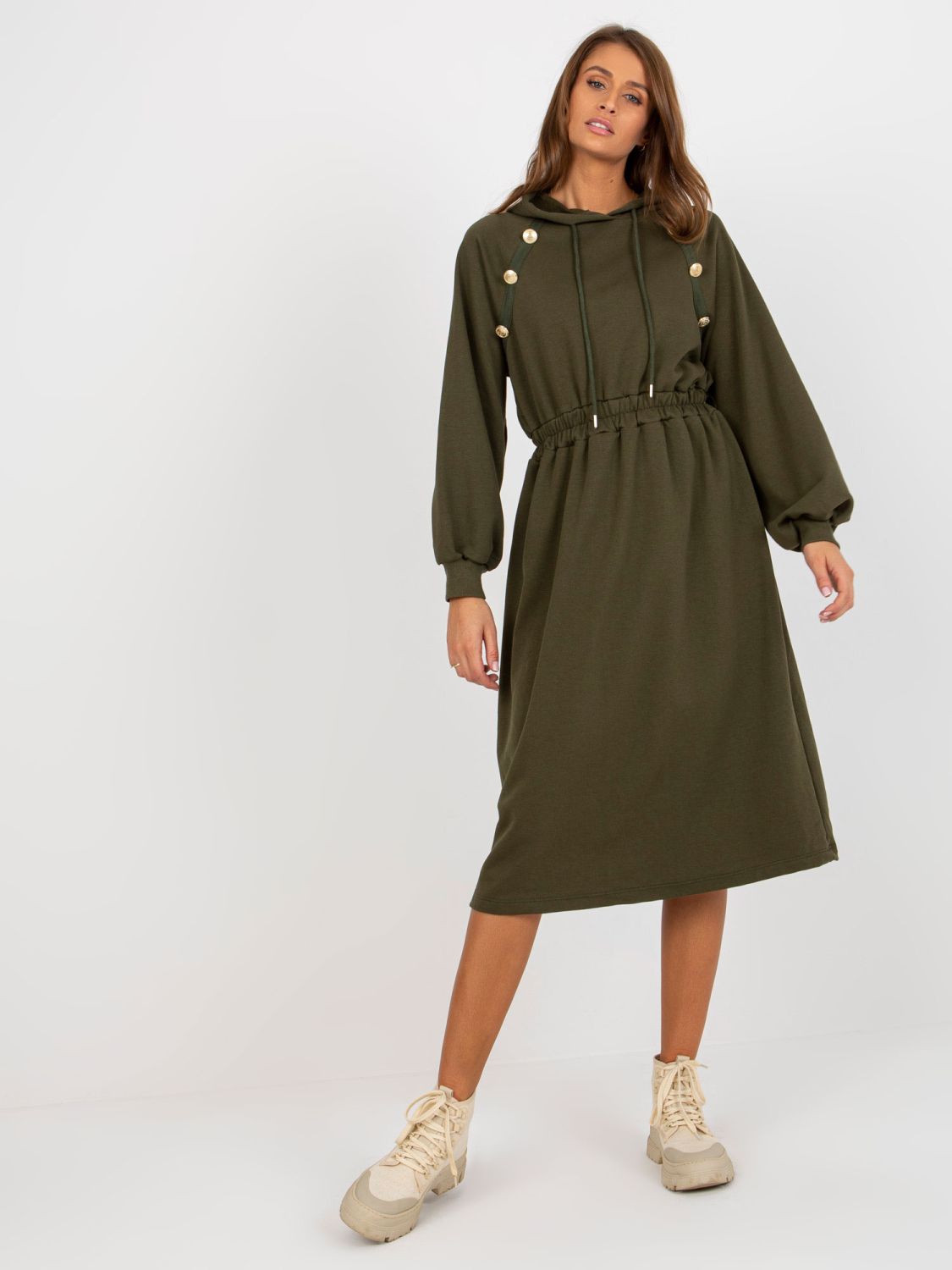 Khaki midi razširjena obleka iz trenirk z gumbi