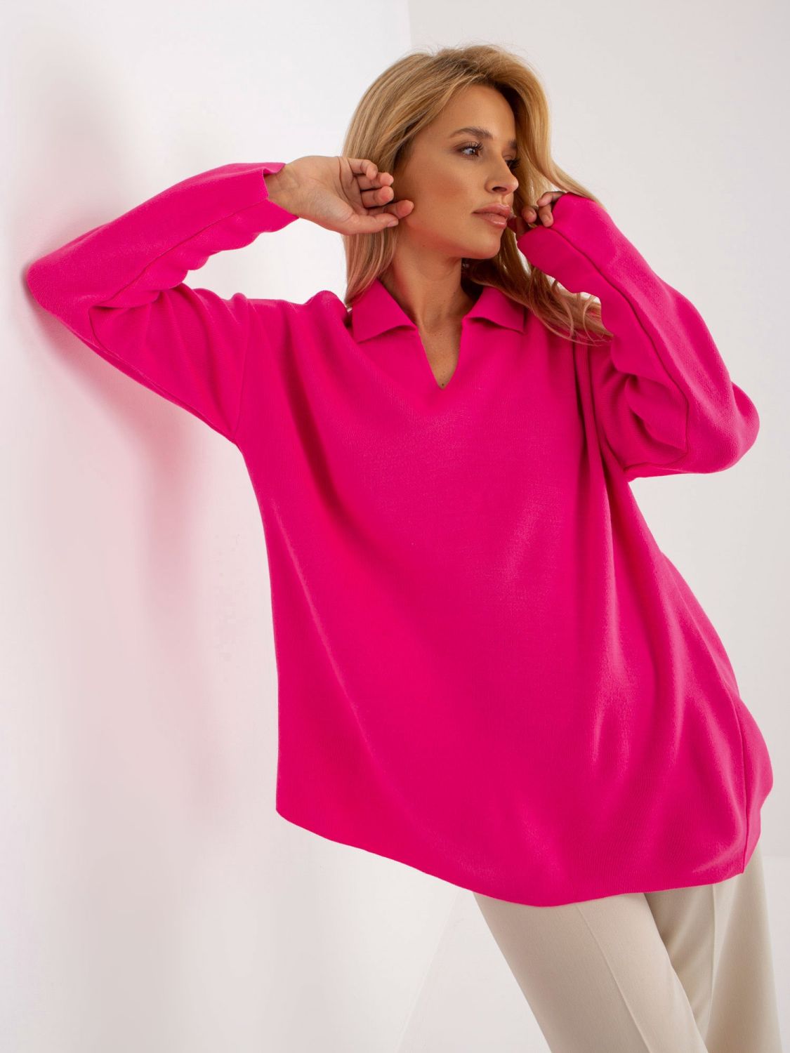 Fluo roza ženski oversize pulover z ovratnikom RUE PARIS