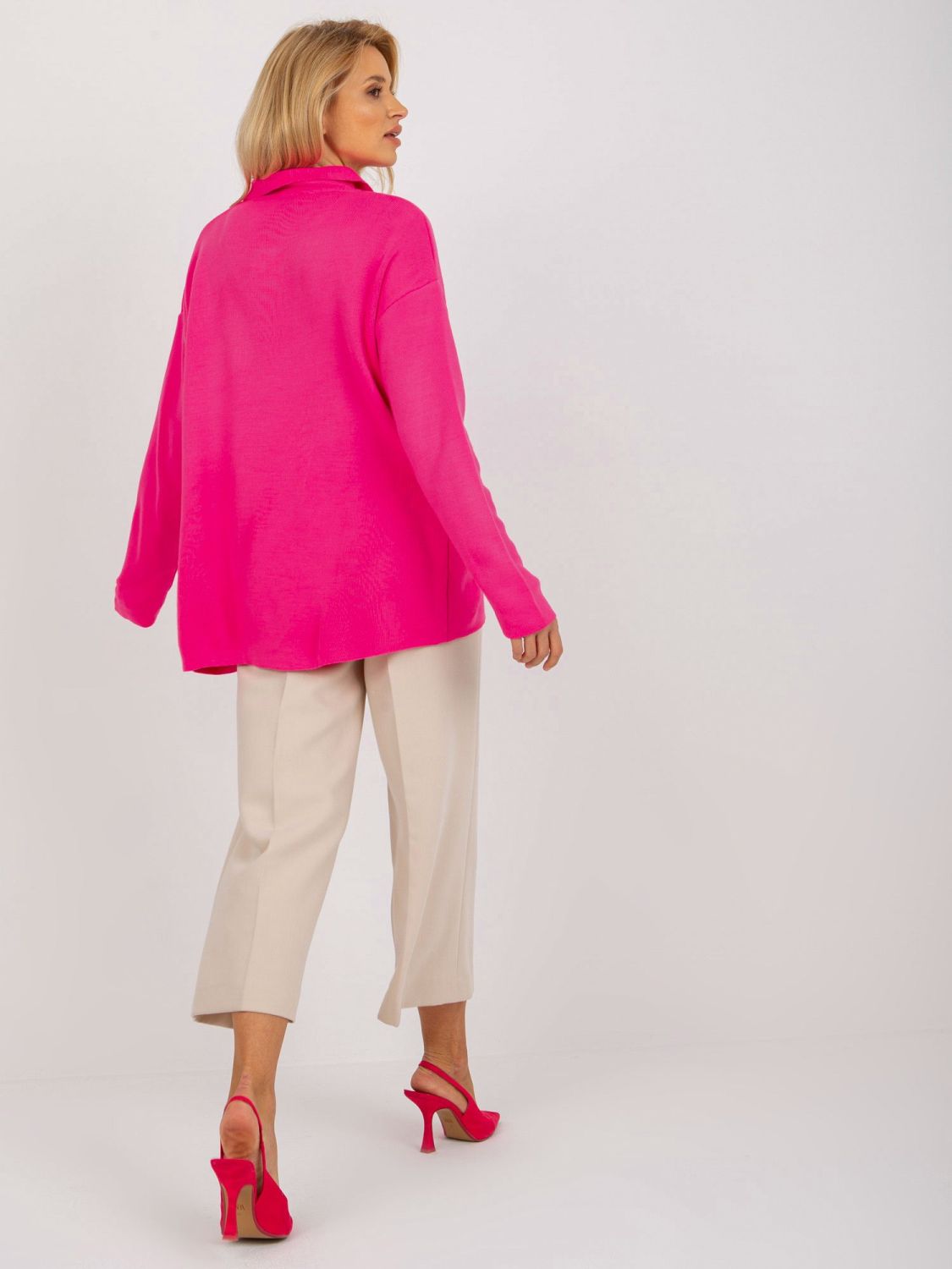 Fluo roza ženski oversize pulover z ovratnikom RUE PARIS