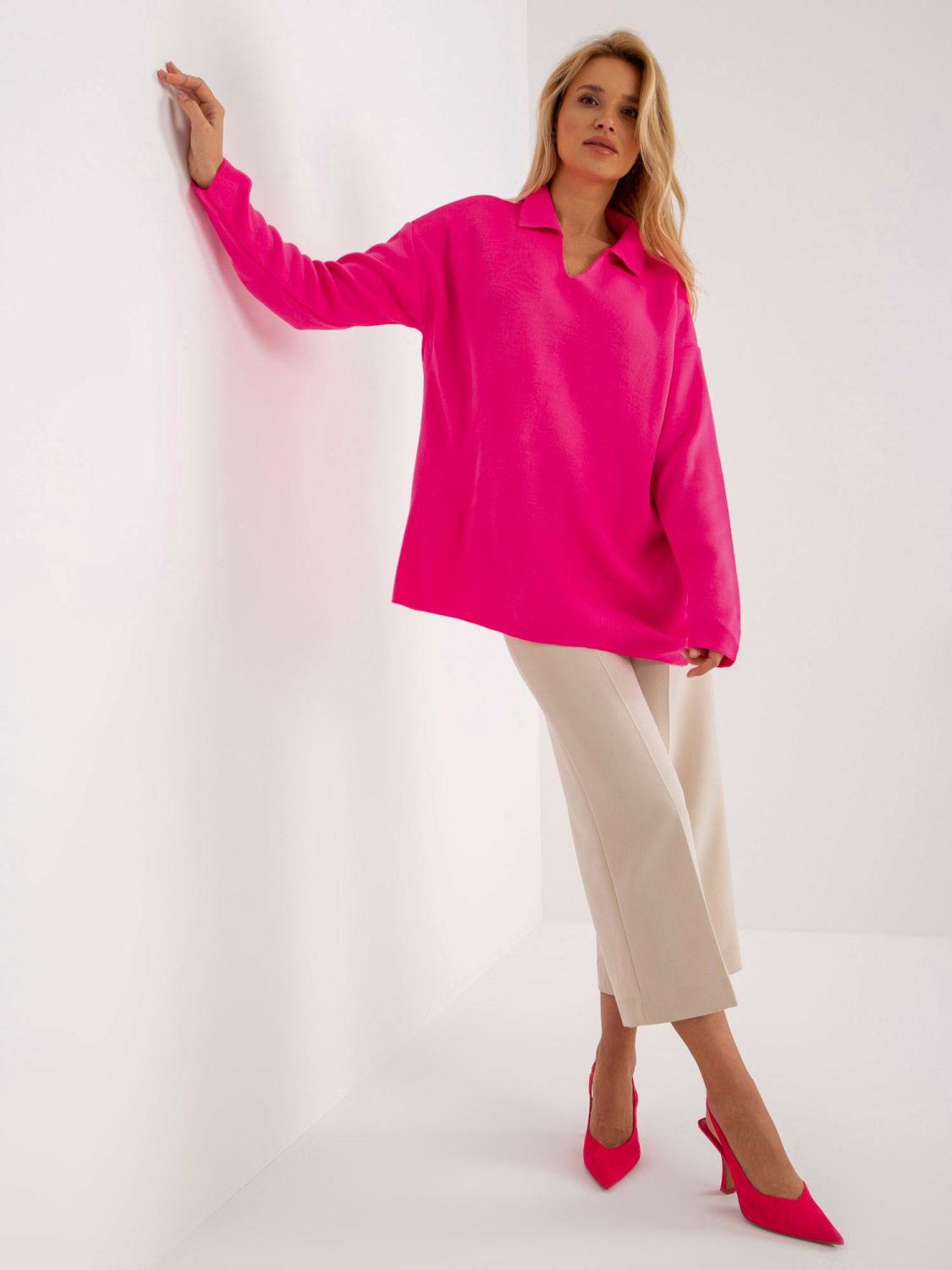 Fluo roza ženski oversize pulover z ovratnikom RUE PARIS