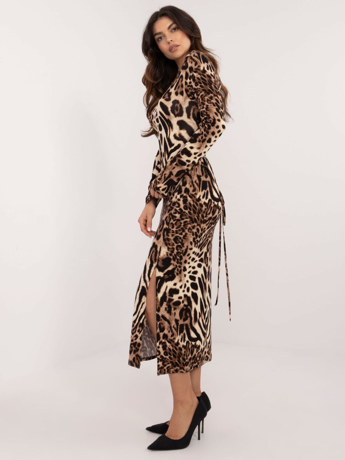Elegantna midi obleka z leopardjim vzorcem