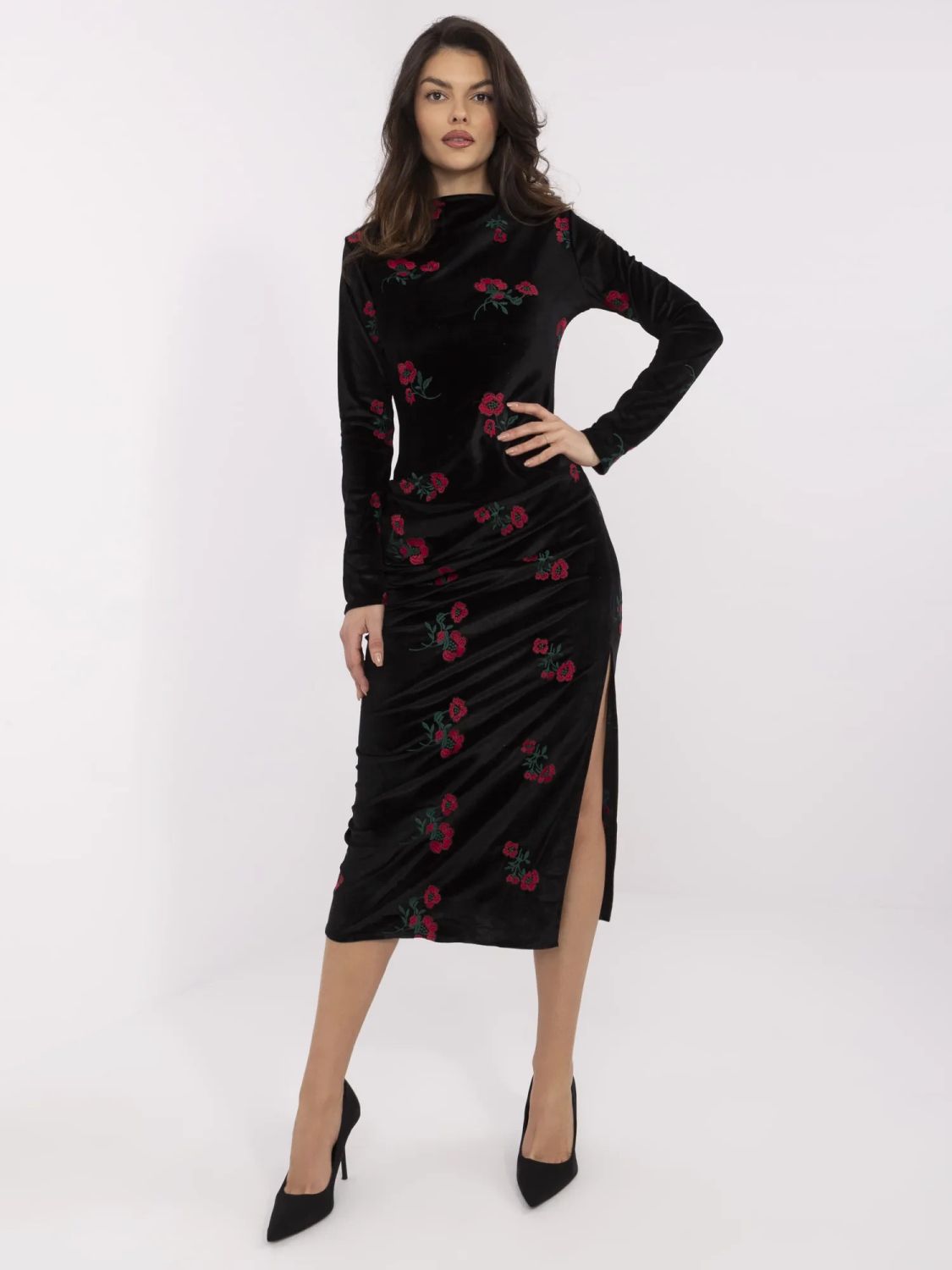 Elegantna midi obleka z dolgimi rokavi