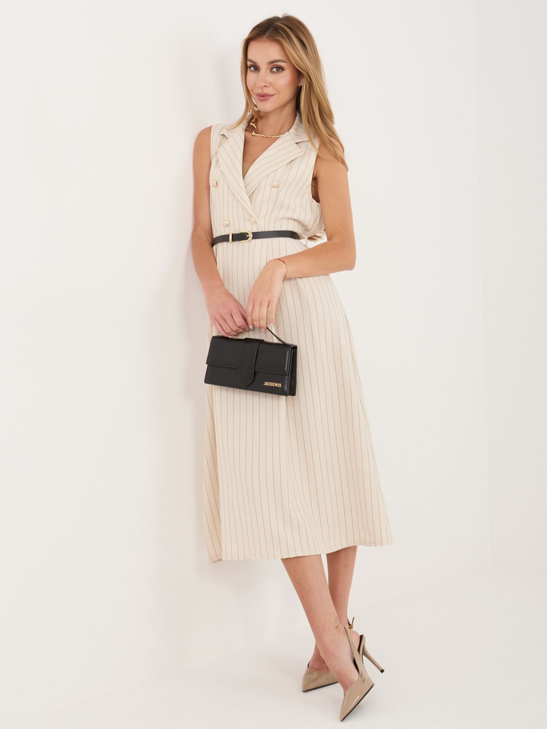 Bež midi obleka A-kroja z ovratnikom in pasom