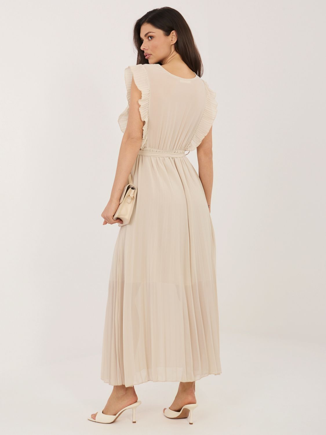 Bež obleka A-kroja z pasom, midi dolžina