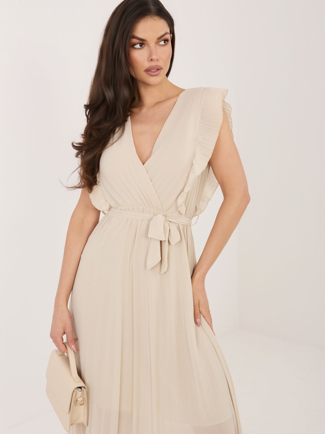 Bež obleka A-kroja z pasom, midi dolžina
