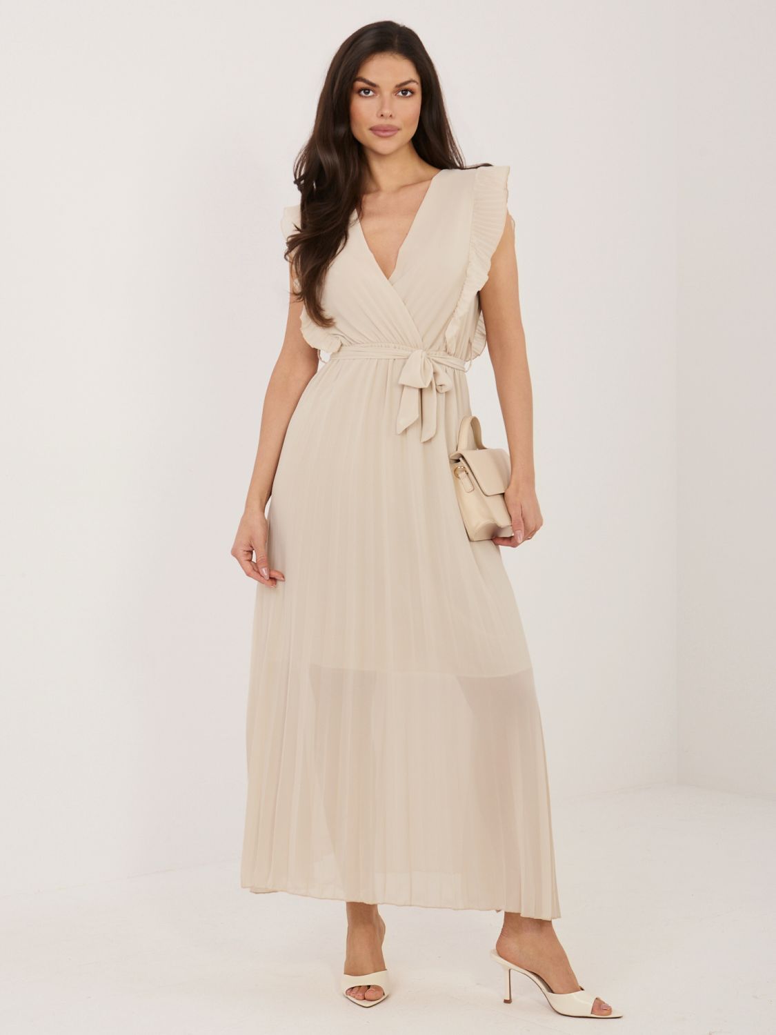 Bež obleka A-kroja z pasom, midi dolžina